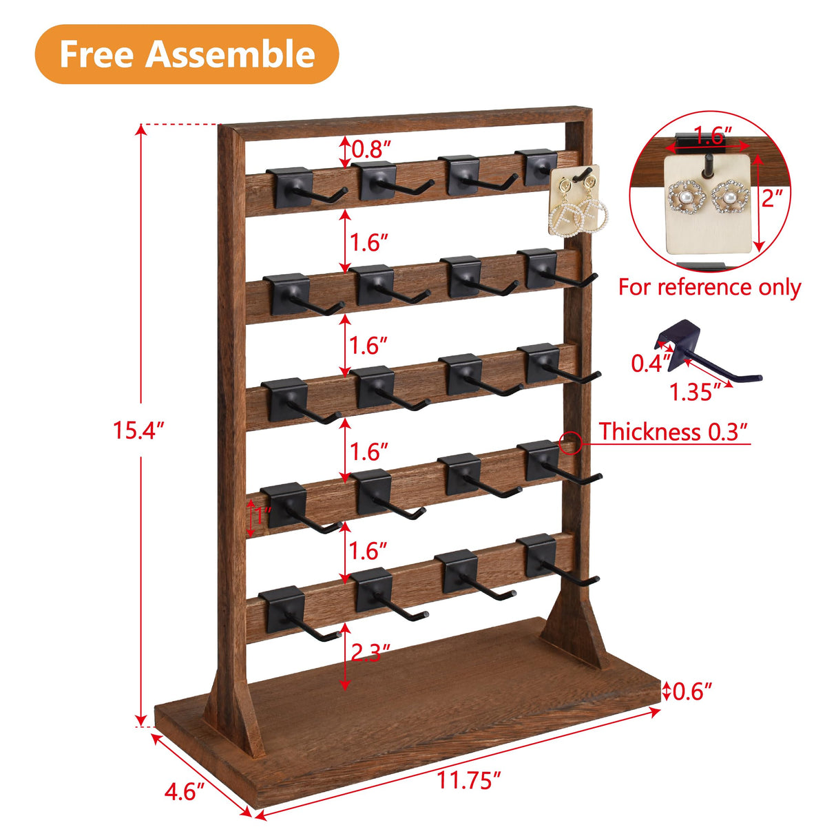 Ikee Design 5 Tiers Free Assemble Wooden Jewelry Display Rack with 20 Removable Metal Hooks,Earring Card Display Stand,Jewelry Organizer,Bracelet Organizer,Keychain Stand,Brown Color Ikee Design