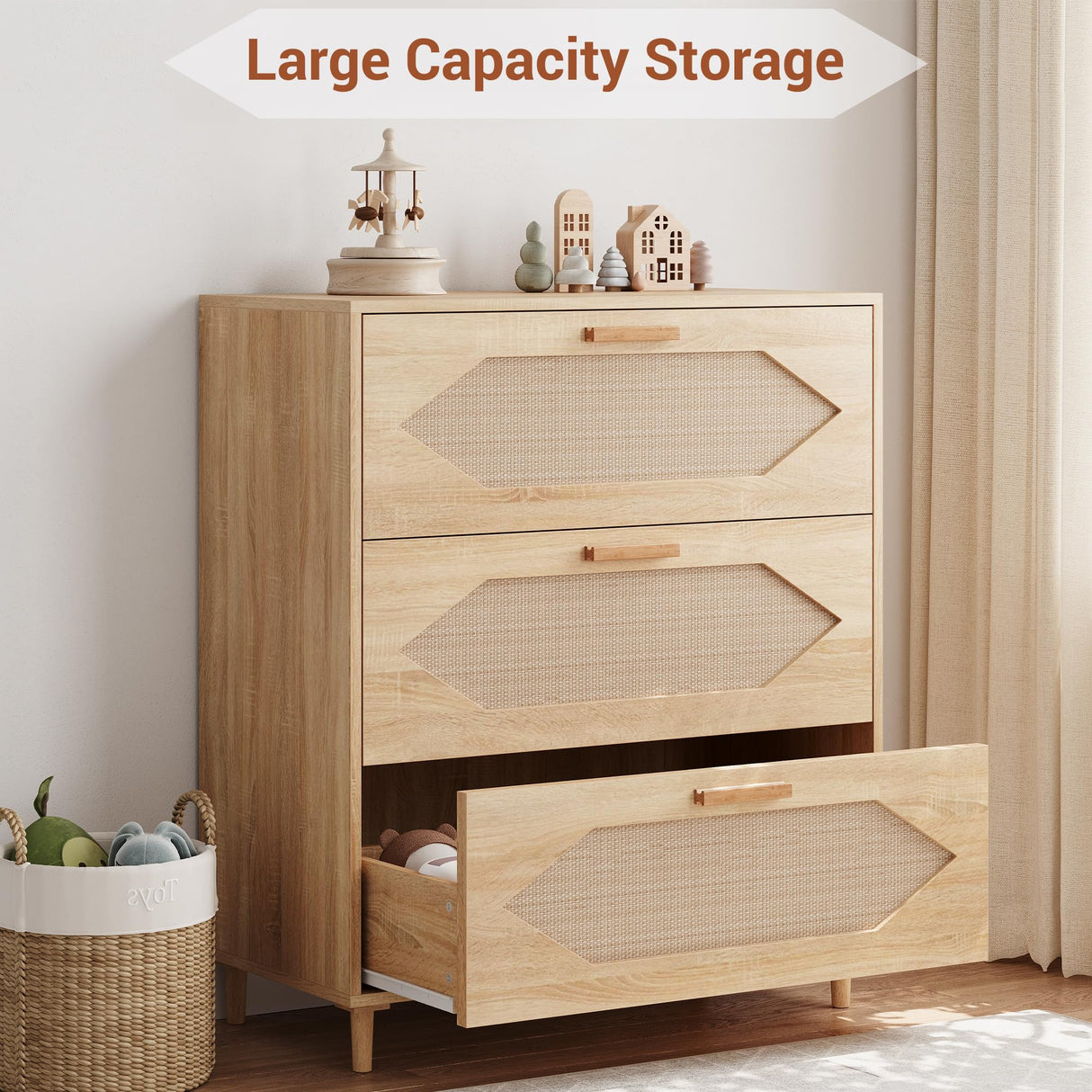 EliteEdge 31.5" Wide 3-Drawer Dresser with Rattan Fronts, Modern Wood Oak Chest of Drawers for Bedroom Closet Storage, Natural Wood Organizer for Kids Room, Hallway and Living Room Decor EliteEdge