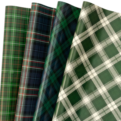 LeZakaa Christmas Green Wrapping Paper, 12 Folded Sheet with 4 Different Tartan Plaid Design for New Year Celebrations Holiday Gift Wrapping, 27.5 x 19.6 inches Per Sheet