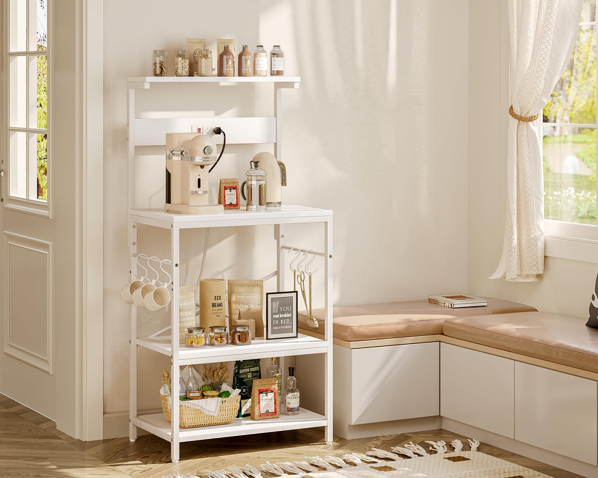 SUPERJARE Kitchen Bakers Rack with Power Outlet, Coffee Bar Table 4 Tiers, Microwave Stand with 6 S-Shaped Hooks, Storage Shelf Rack for Spices, Pots and Pans - White SUPERJARE