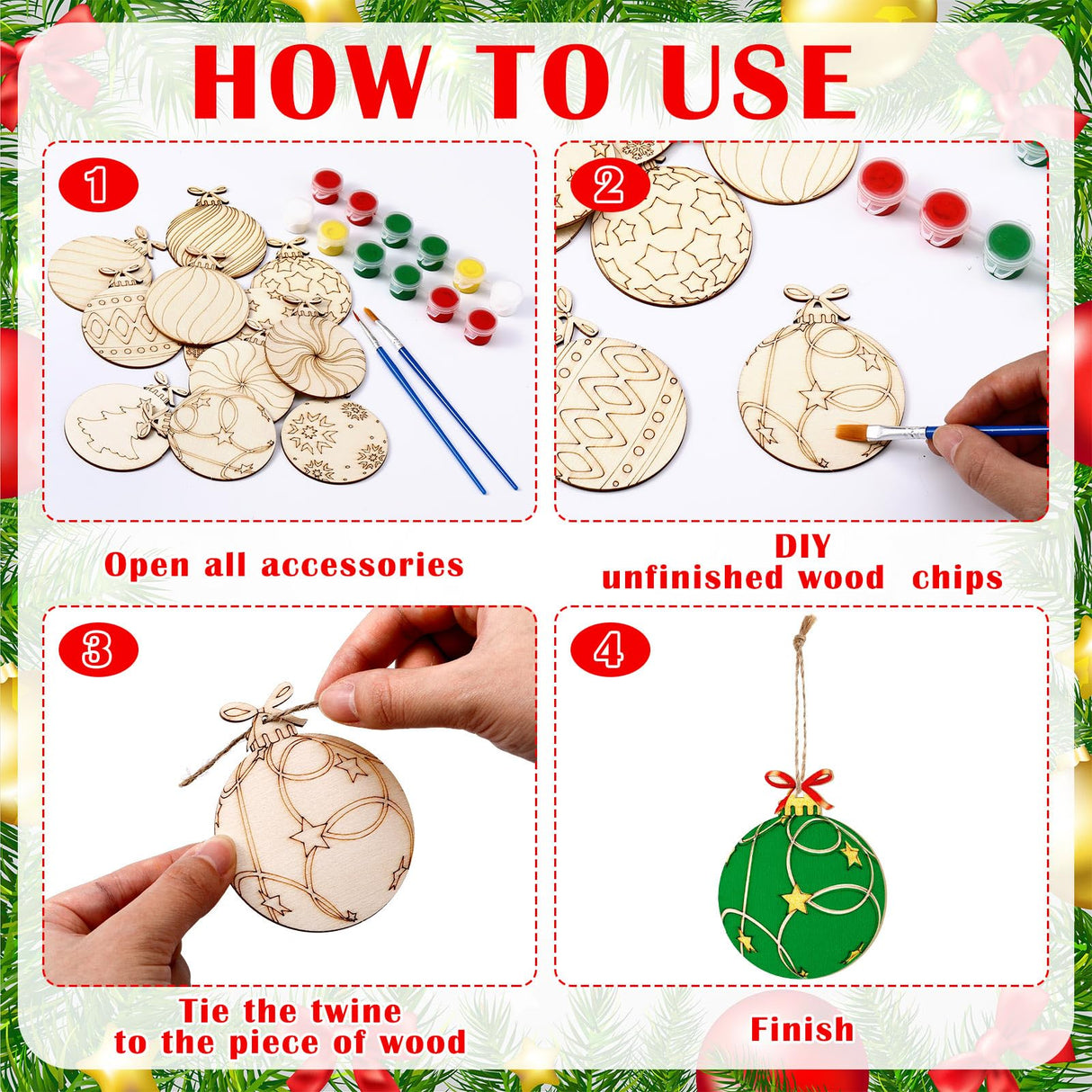 Cinnvoice 60 Pcs Wood Christmas Crafts for Adults DIY Paint Xmas Ornaments Blank Unfinished Wooden Cutouts Shapes Slices Hanging Embellishment for Christmas Tree Holiday Party Decor(Ball) Cinnvoice