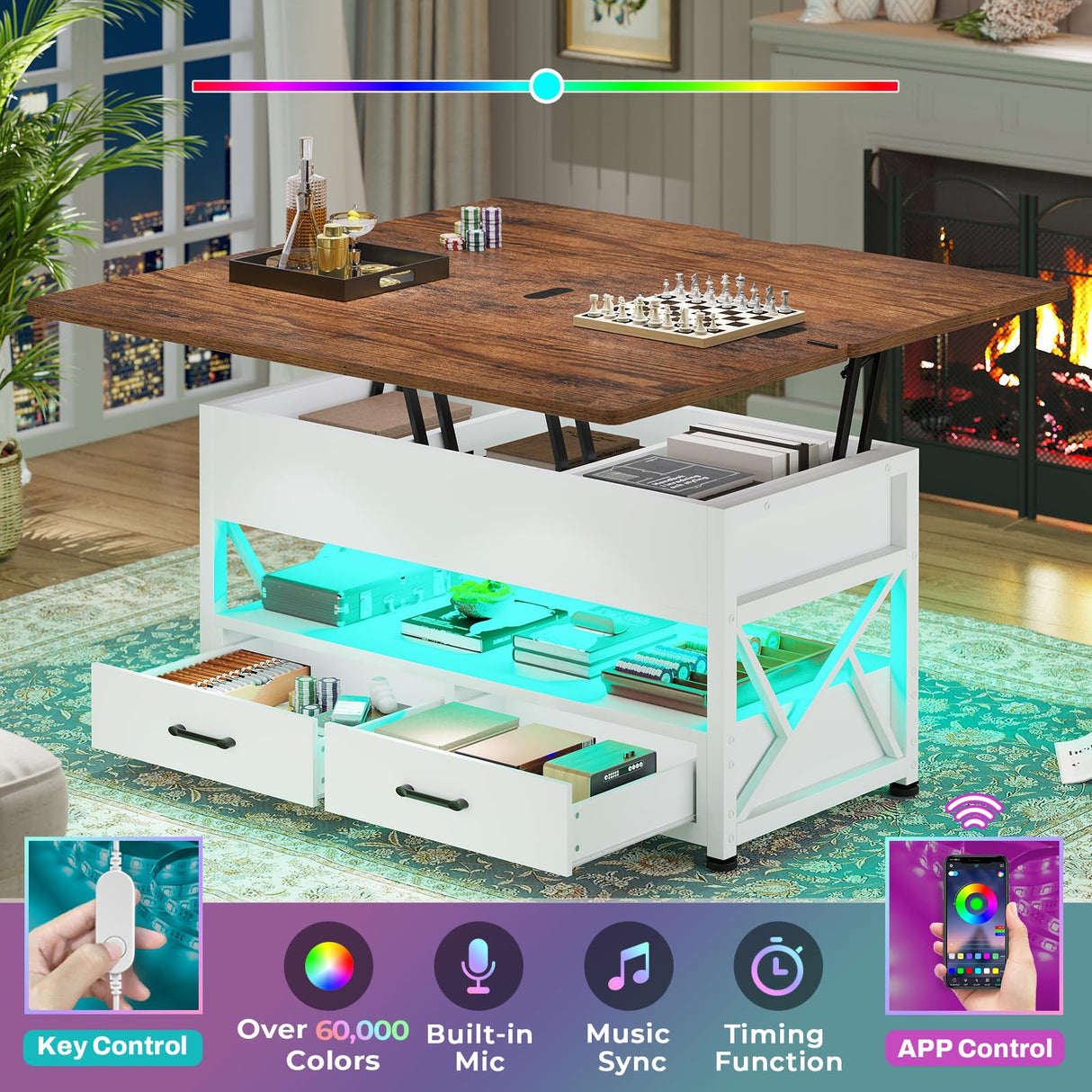 Itaar 40" Lift Top Coffee Table, 4 in 1 White Coffee Tables with Storage for Living Room, Small Coffee Table with 2 Drawers & LED Light for Dining Room, White and Rustic Brown Itaar