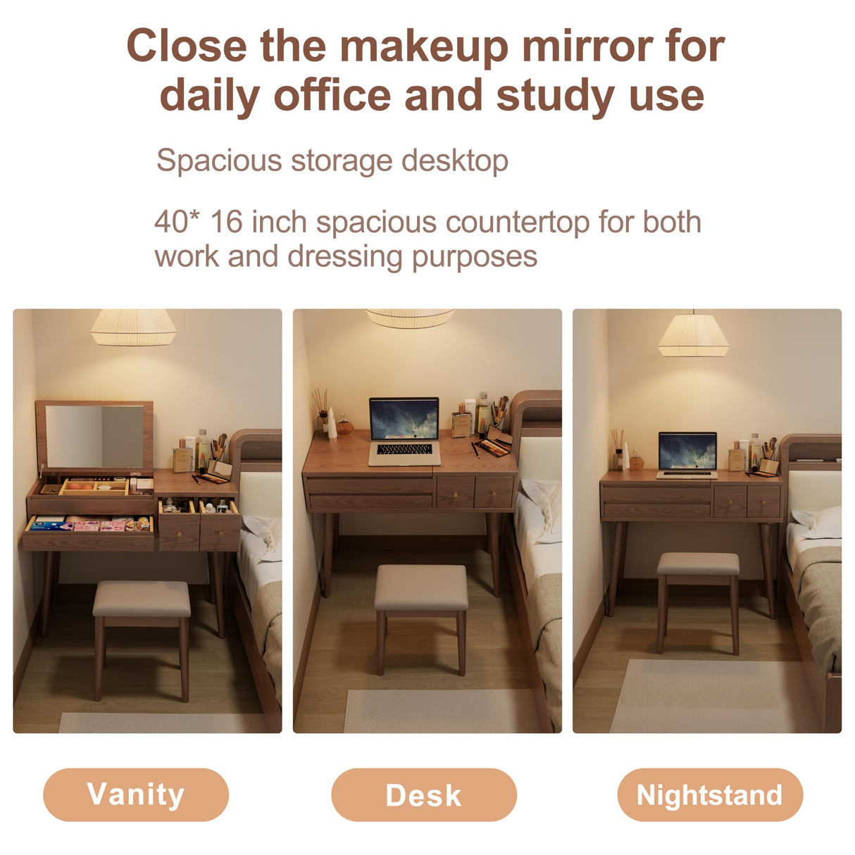 AQIMUELE Wood Vanity Desk with Mirror and Lights, Dressing Vanity Table Vanity Set 4 Drawers, 40 Inch Large Make Up Vanity Table Wooden with 3 Lighting Modes for Bedroom Walnut(with Adapter) AQIMUELE