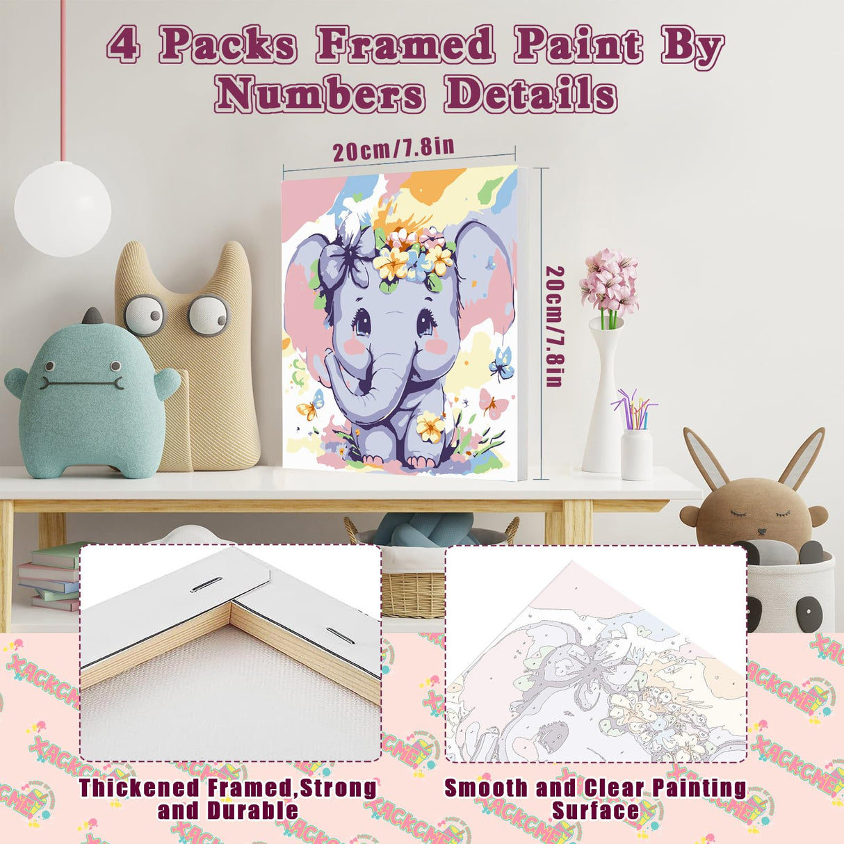 4 Pack Animal Paint by Number for Kids with Wooden Frame, Paint by Numbers for Kids Animals Ages 4-8-12, Easy Elephant Owl Giraffe Zebra DIY Acrylic Oil Painting Kits for Home Wall Decor (8X8 inch) xackcme