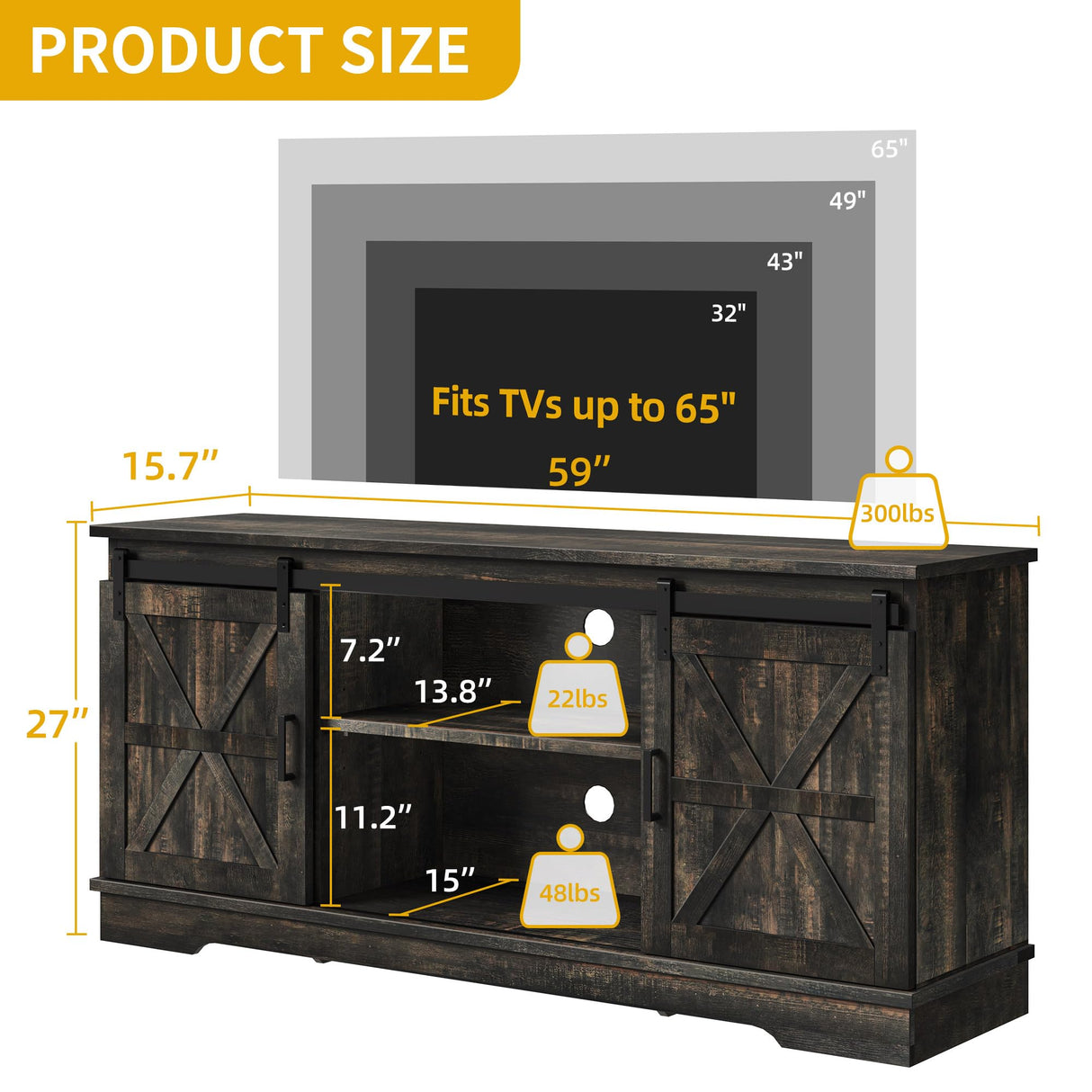 DWVO TV Stand for TVs up to 65 Inch, Farmhouse Entertainment Center with Storage Cabinets and Sliding Barn Doors, Rustic Media TV Console Table for Living Room, Dark Rustic Oak DWVO