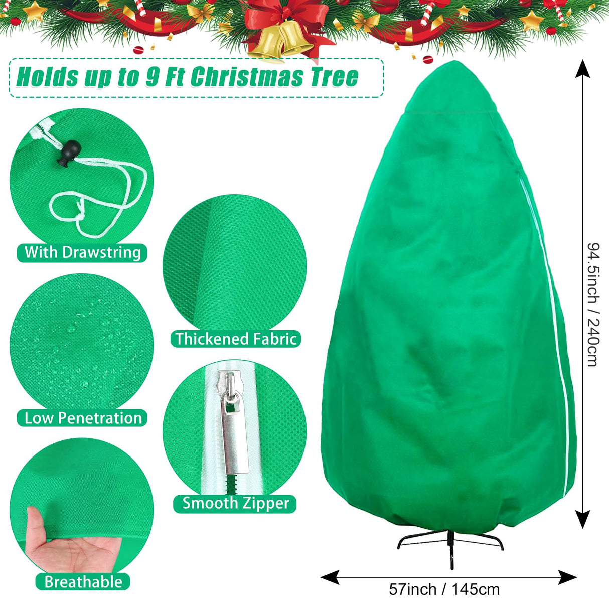 Upright Christmas Tree Storage Bag, Christmas Tree Cover for Up to 9 Foot Standing Artificial Tree with Ornaments, Large Holiday Assembled Xmas Tree Dustproof Bag with Zipper & Drawstring(Green) UYEDUJZ