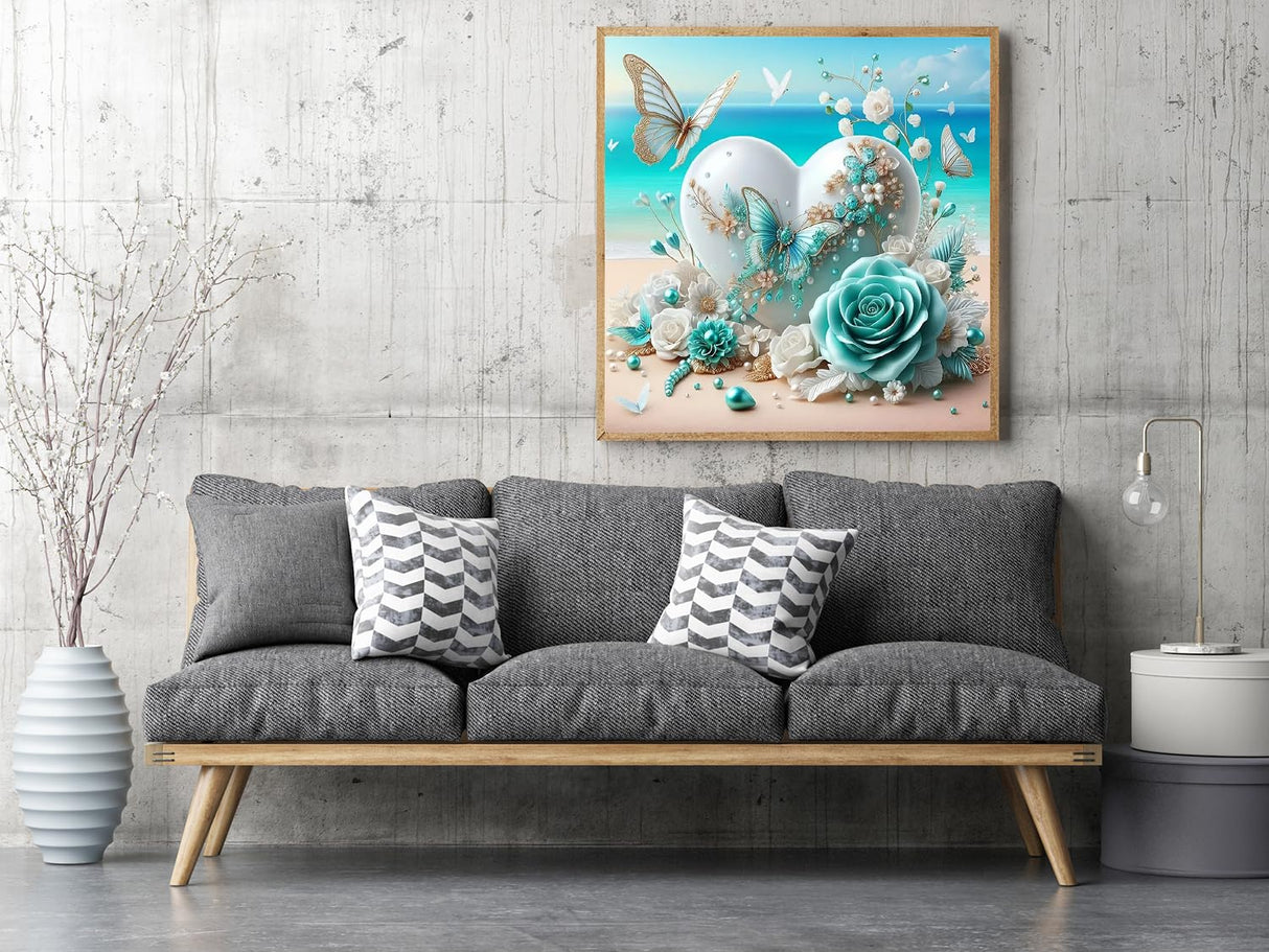 APTDYIGL 5D Beach Butterflies Diamond Painting Kits for Adults Beginner,DIY Flowers Heart Diamond Art Kits for Adults,Round Full Drill Diamond Dots with Gem ArtKits,Home Wall Decor 11.8x11.8inch APTDYIGL