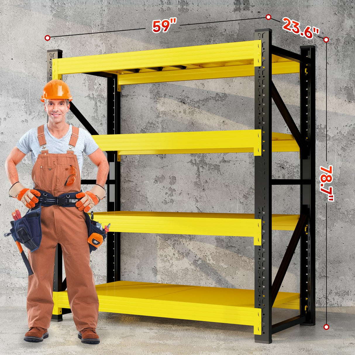 Kobito 5000LBS Garage Storage Shelves, 59" W Garage Shelving Heavy Duty Adjustable Shelving Unit, 4 Tier Metal Utitly Shelves Industrial Shelving for Warehouses,Basement,Black Yellow Kobito