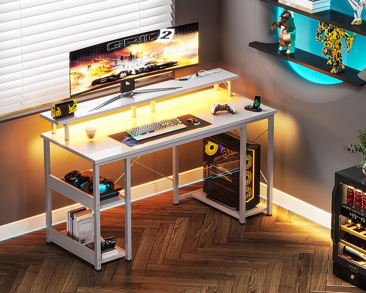 ODK 48 inch Gaming Desk with LED Lights & Power Outlets, Computer Desk with Monitor Stand & Storage Sheves, CPU Stand, Home Office Desk, White ODK
