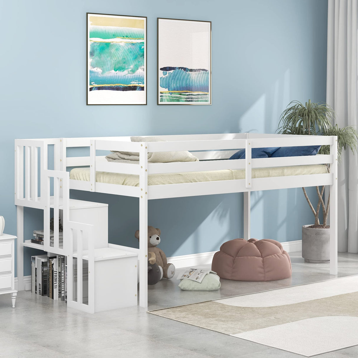 CITYLIGHT Twin Low Loft Bed with Staircase and Storage, White Wood Frame for Kids CITYLIGHT
