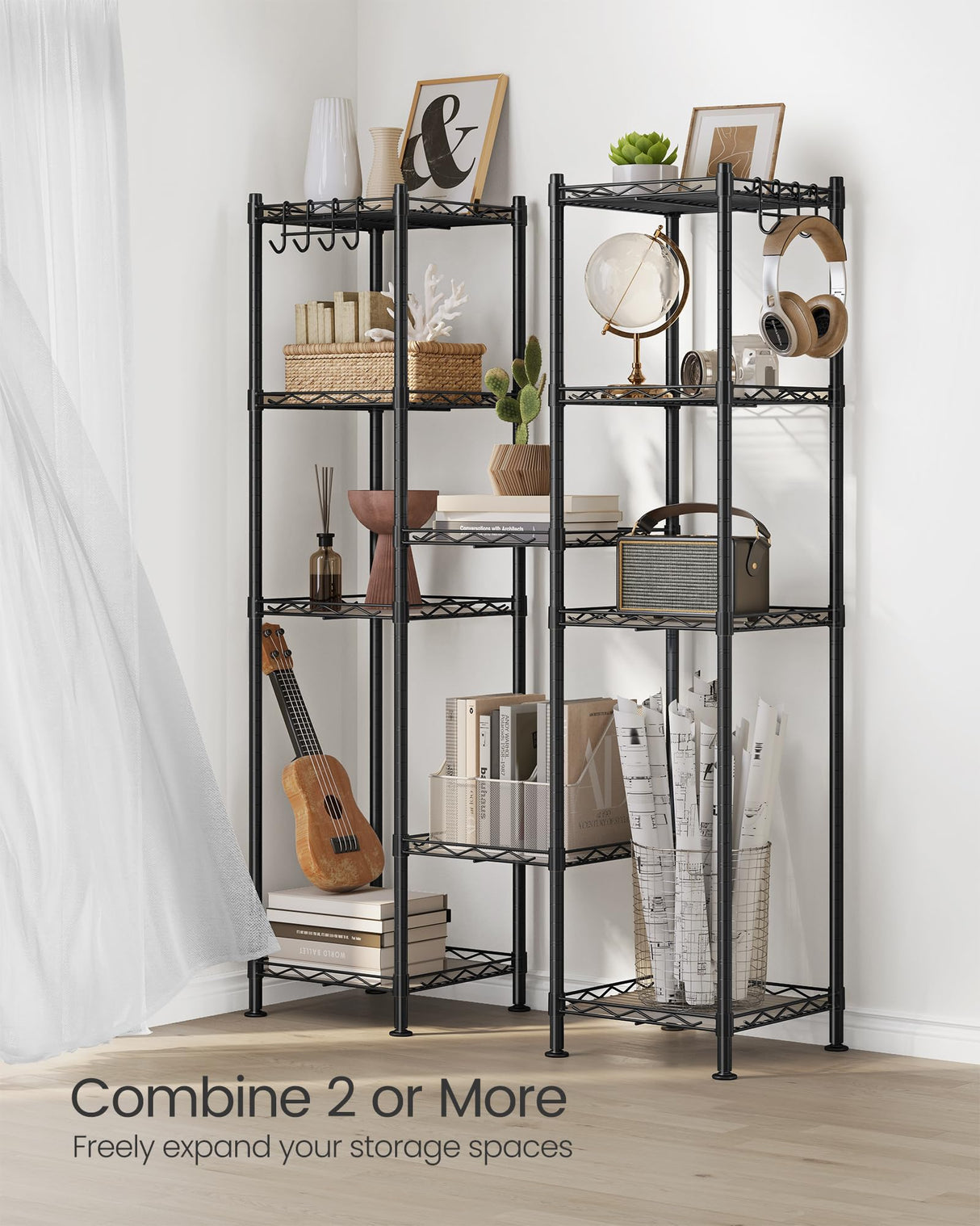 SONGMICS 5-Tier Bathroom Shelf, Storage Rack for Small Space, with 5 PP Shelf Liners, Removable Hook, Extendable Design, Ink Black and Translucent ULGR23BK SONGMICS