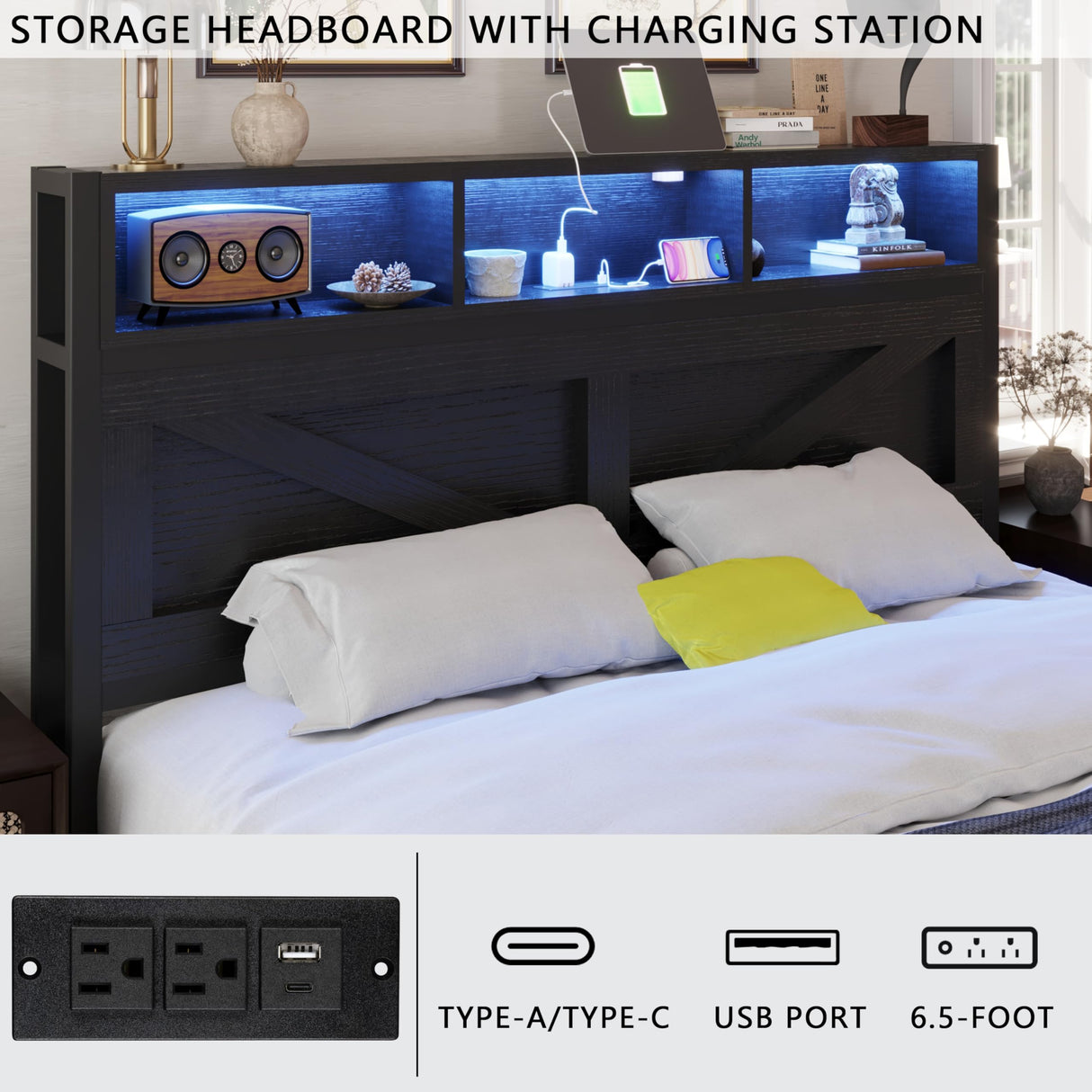 Farmhouse Full Bed Frame with Bookcase Headboard and Storage Drawers, LED Lights and Charging Station, No Box Spring Needed, Noise Free, Black Fastroby