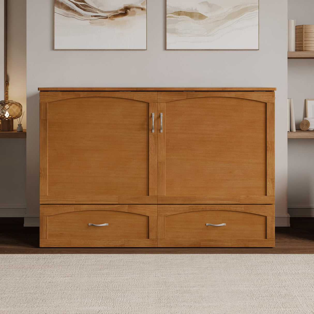 AFI, Marion Queen Wood Murphy Bed Chest with 6" Mattress, Storage Drawer, & Built-in Charger, Light Toffee AFI