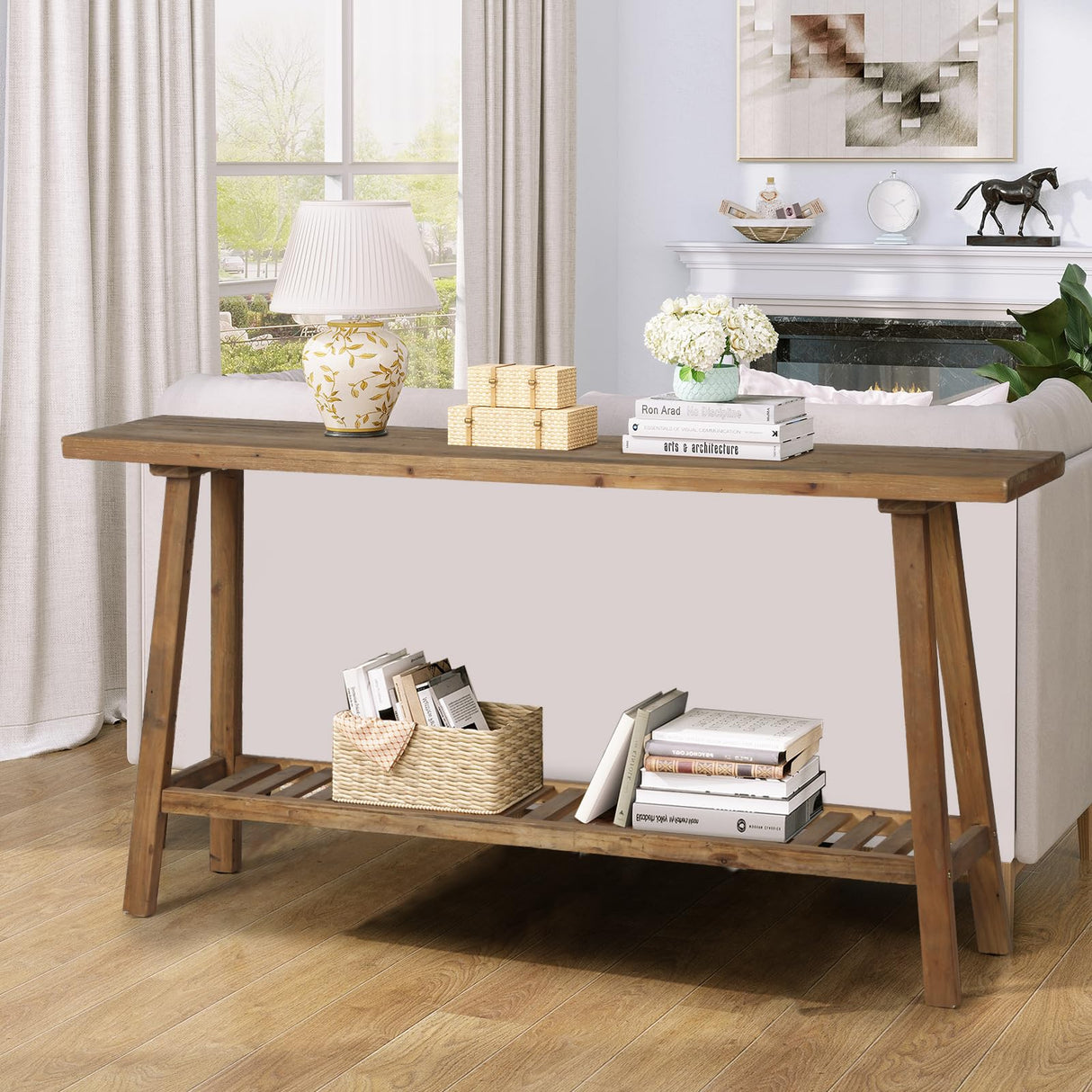 HOKYHOKY Reclaimed Solid Wood Console Table, 59" Long Farmhouse Entryway Tables, Rectangular Couch Table Behind Sofa, 2 Tiers Accent Tables for Hallway, Entrance, Foyer, Living Room HOKYHOKY