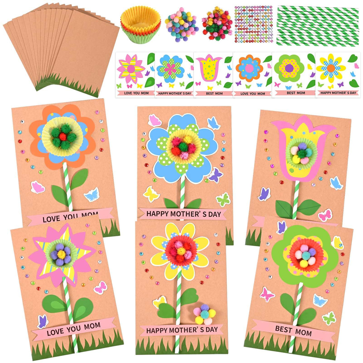 24 Sets Mother's Day Flower Card Craft Kit for Kids Spring DIY Flower Greeting Card Set Happy Mother's Day Card Making Kit for Mom Gifts Classroom School Home Activities Sanixin