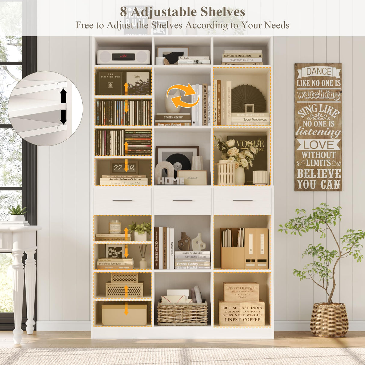 HOSTACK 75" Tall Book Shelf and Bookcase, 47" Wide Bookshelf with Drawers, Modern 9 Tier Bookcase with Storage, Large Wood Display Cabinet with Adjustable Shelves for Living Room, Home Office, White HOSTACK