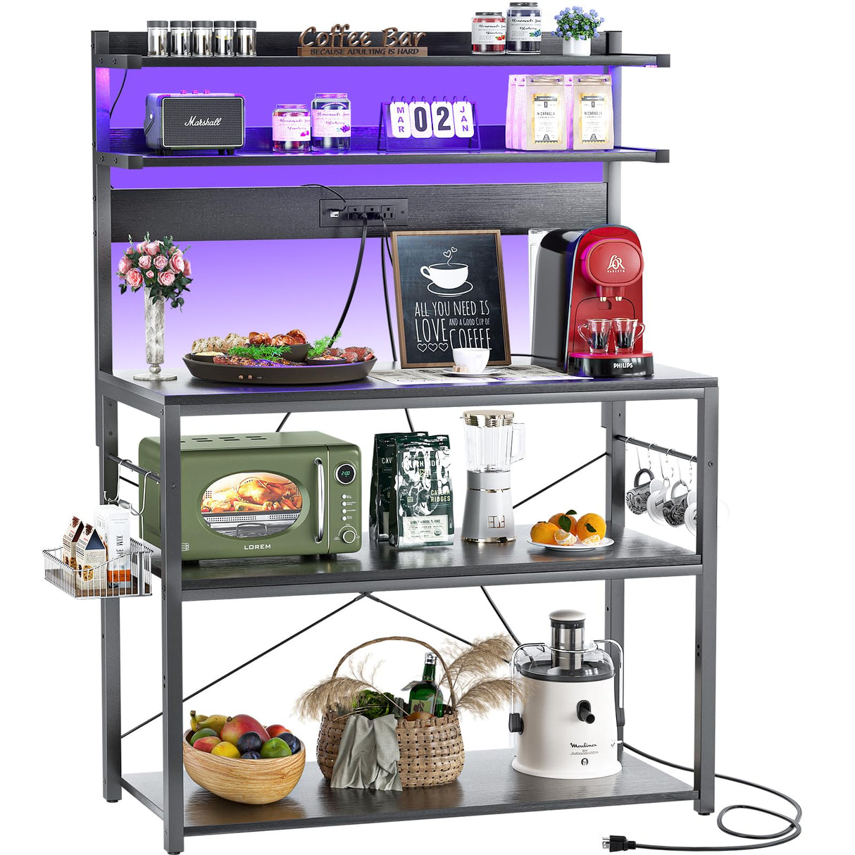 Aheaplus Bakers Rack with Power Outlet, Microwave Stand, 5 Tiers Coffee Bar Station with Led Lights, Kitchen Storage Shelf with 6 S-Shaped Hooks, Kitchen Rack Coffee Bar Stand, Black Aheaplus