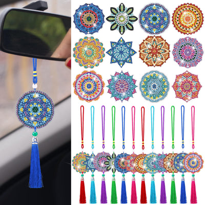 JenPen 12 Pcs Diamond Painting Car Ornaments Diamond Art Ornament for Car Double Sided Painting Hanging Ornament Crystal Gem Garden Decoration Paint DIY Kit(Mandala)