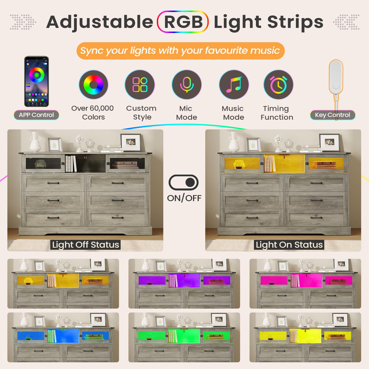 DICTAC Farmhouse 6 Drawers Dresser with Charging Station, LED Dresser with 2 Sliding Doors, Wood Wide Chest of Drawers, Storage Dressers Organizer for Bedroom, Living Room, Rustic Oak DICTAC