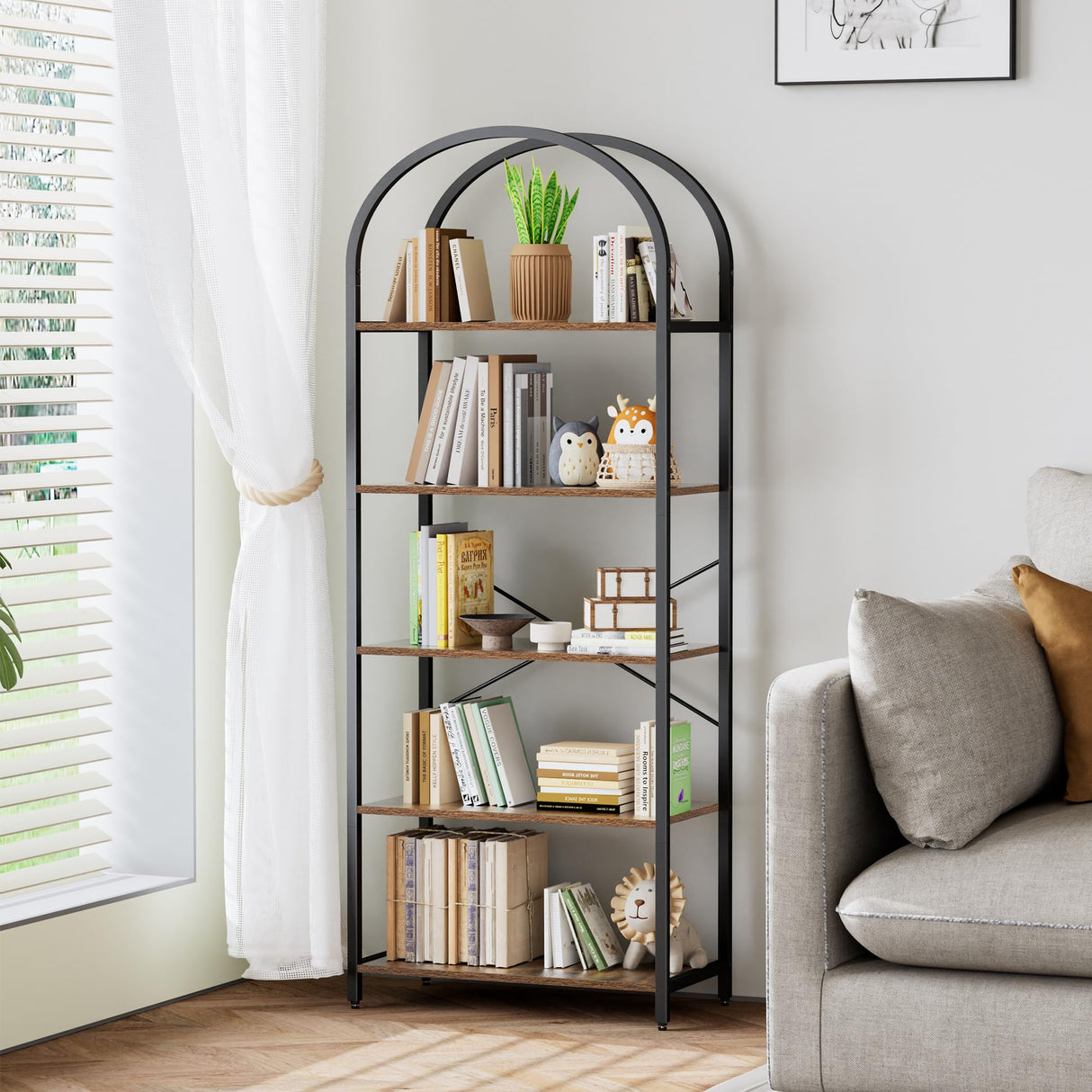 Homhedy 5-Tier Bookshelf Arched Display Racks, Wood and Metal Bookcase, Tall Bookshelf, Industrial Display Standing Shelf Unit, for Home Office, Living Room, Bedroom, Bathroom, Rustic Brown Homhedy