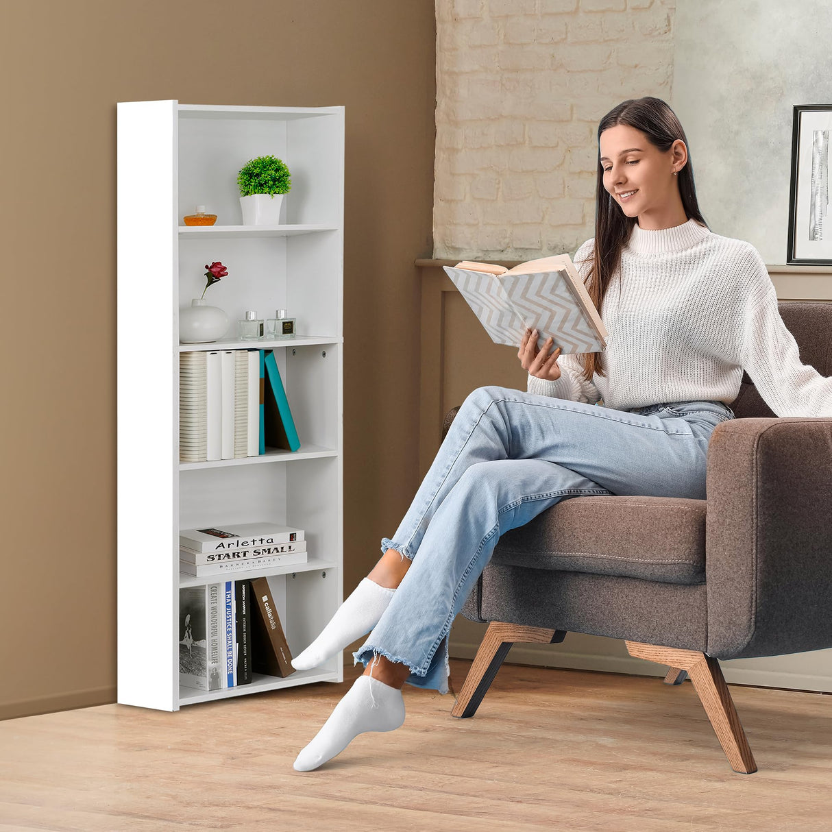 ZENY 5-Tier Shelf Bookcase, Freestanding Wood Storage Display Open Bookshelf for Home Office, White ZENY