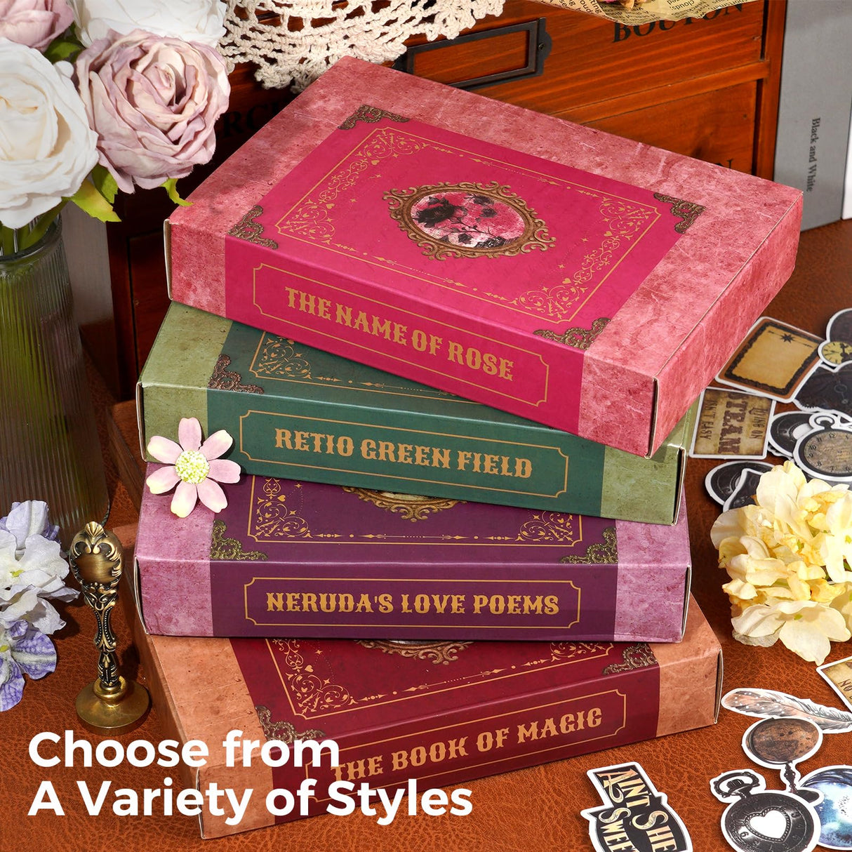 Funto Scrapbooking Kit (185 PCS), Medieval Chapter- Rose Garden, Perfect for Bullet Scrapbooking Materials, Planner DIY Craft Collage Funto