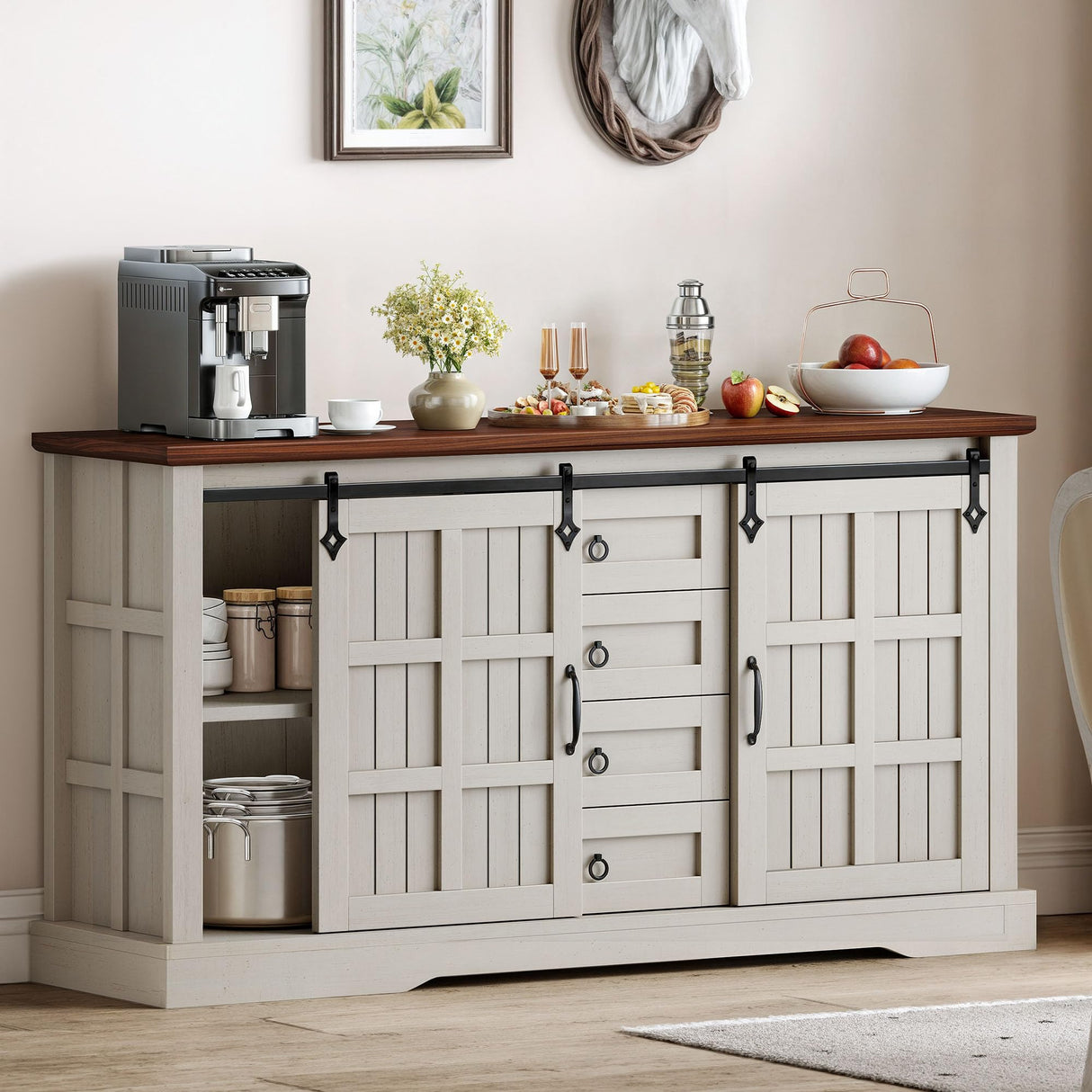 YITAHOME Farmhouse Buffet Cabinet with Storage, 59" Sideboard Cabinet w/Sliding Barn Doors and 4 Drawers, Kitchen Cabinets for Living Room, White Oak YITAHOME