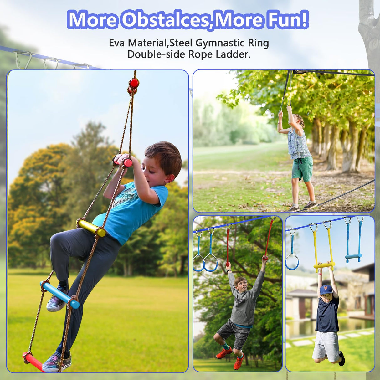 NINJA LINE 2x56FT Ninja Warrior Obstacle Course for Kids, Ninja Slackline with 11 Accessories, Slackline Kit with Pulley, Rope Ladder, Monkey Bar,Arm Trainer, Climbing Rope ninja line