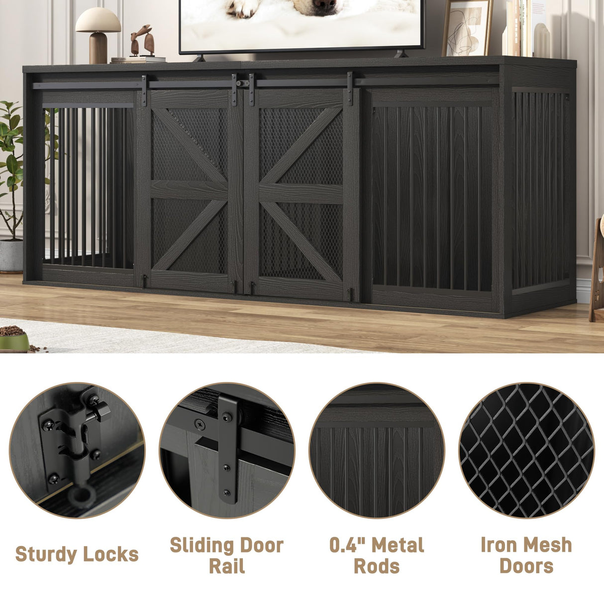87In Farmhouse Dog Crate TV Stand, Wooden Dog Kennel Furniture with Sliding Metal Mesh Barn Door, Large Dog Crate Furniture for 2 Dogs, Solid Metal Tube & 2 Lockable Doors, Black jiteentarou