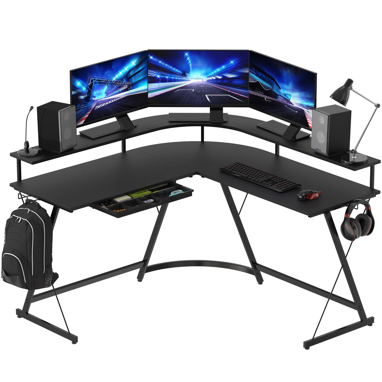 SHW L Shaped Gaming Desk with Full Around Monitor Stand and Drawer, Black SHW