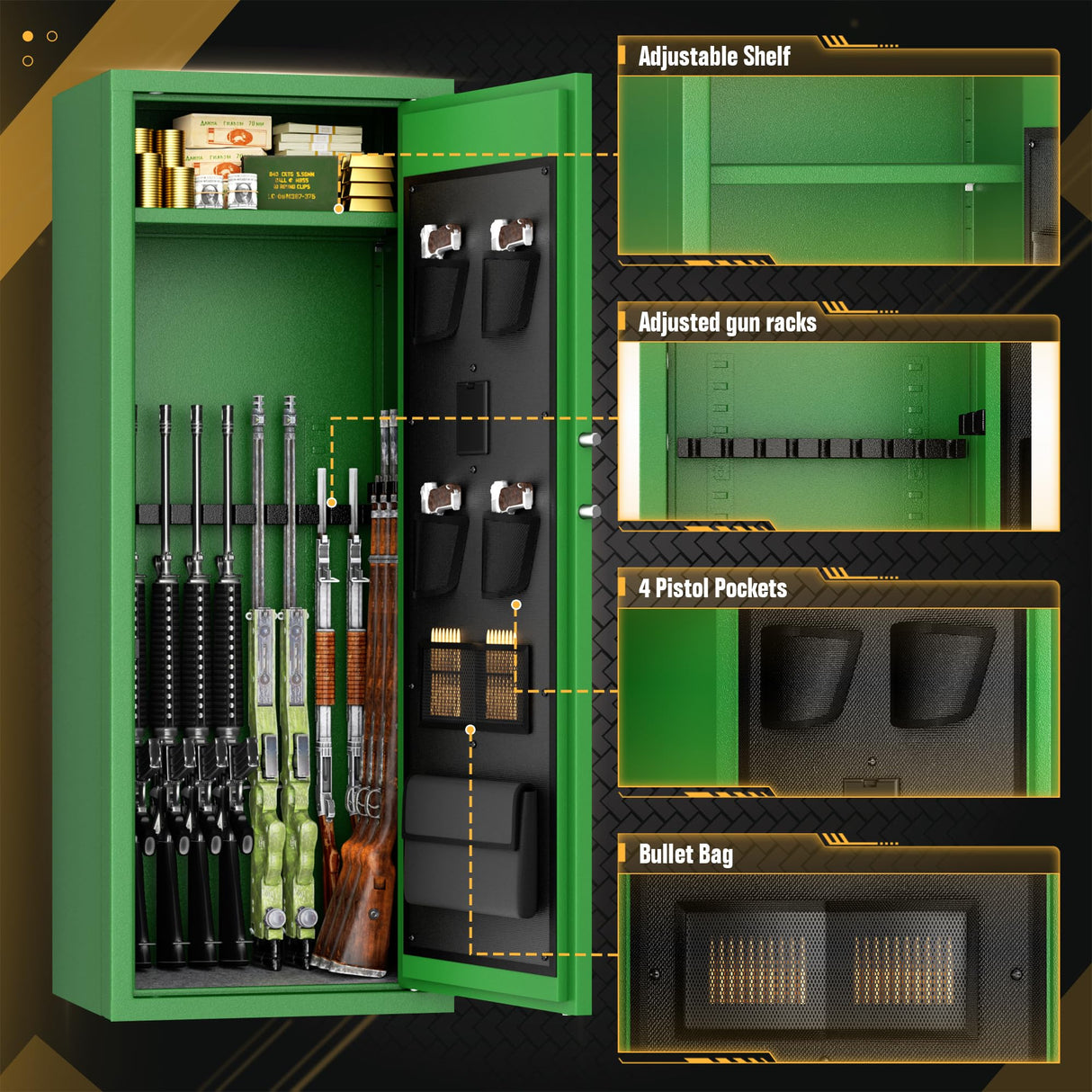 INTERGREAT 10-15 Rifle Gun Safe, Gun Cabinet for Home Rifle and Pistols with Digital Keypad and 4 Pistol Pockets, Quick Access Firearm Safes & Cabinets with Removable Shelf and Racks,Green INTERGREAT