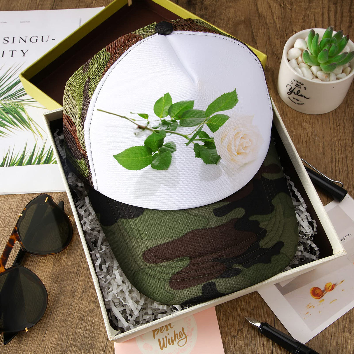 3 Pieces Sublimation Trucker Hat Sublimation Blank Mesh Hat Adjustable Sublimation Blank Polyester Mesh Cap (Black and White, Grey and White, Camouflage Color) Geyoga