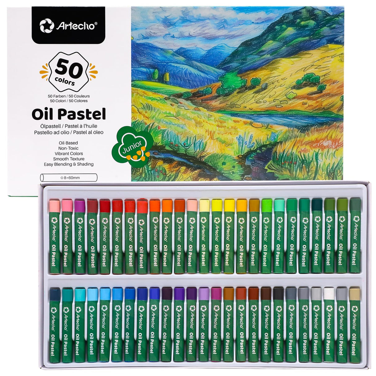 Artecho Oil Pastels Set of 50 Colors (8 x 60 mm), Soft Oil Pastels for Art Painting, Drawing, Blending, Art Supplies for Artists, Beginners, Students, Teachers Artecho