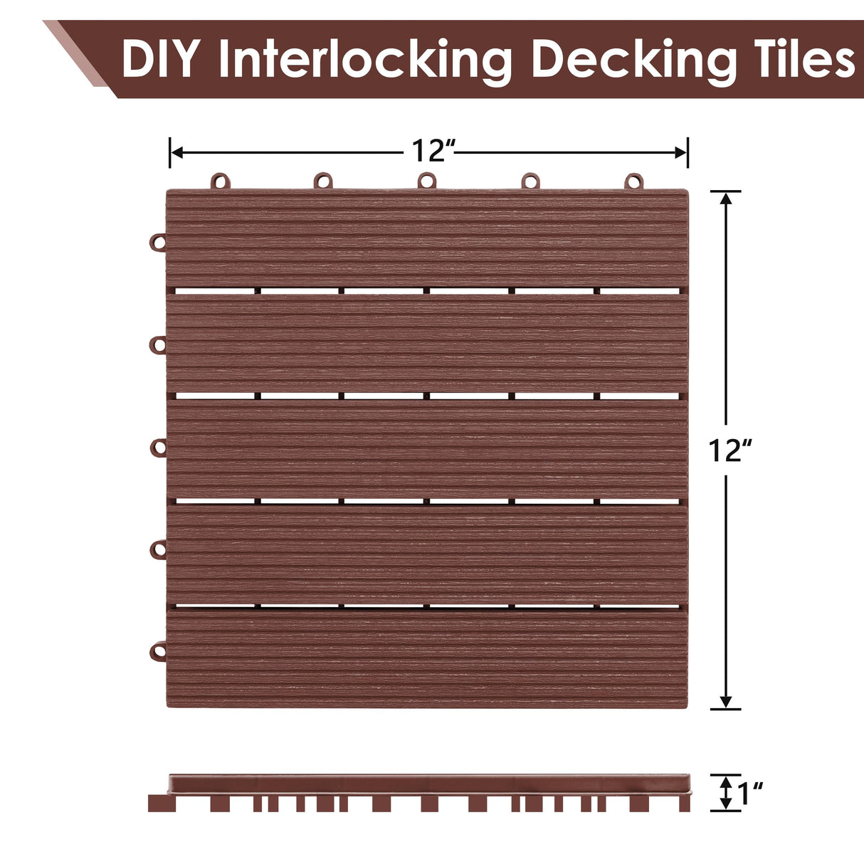 PrimeZone 162 PCS Plastic Interlocking Patio Deck Tiles - 12" x 12" Waterproof Indoor Outdoor Flooring, Patio Floor Decking for Balcony, Backyard, Garden & Poolside, All Weather Use, Dark Brown PrimeZone