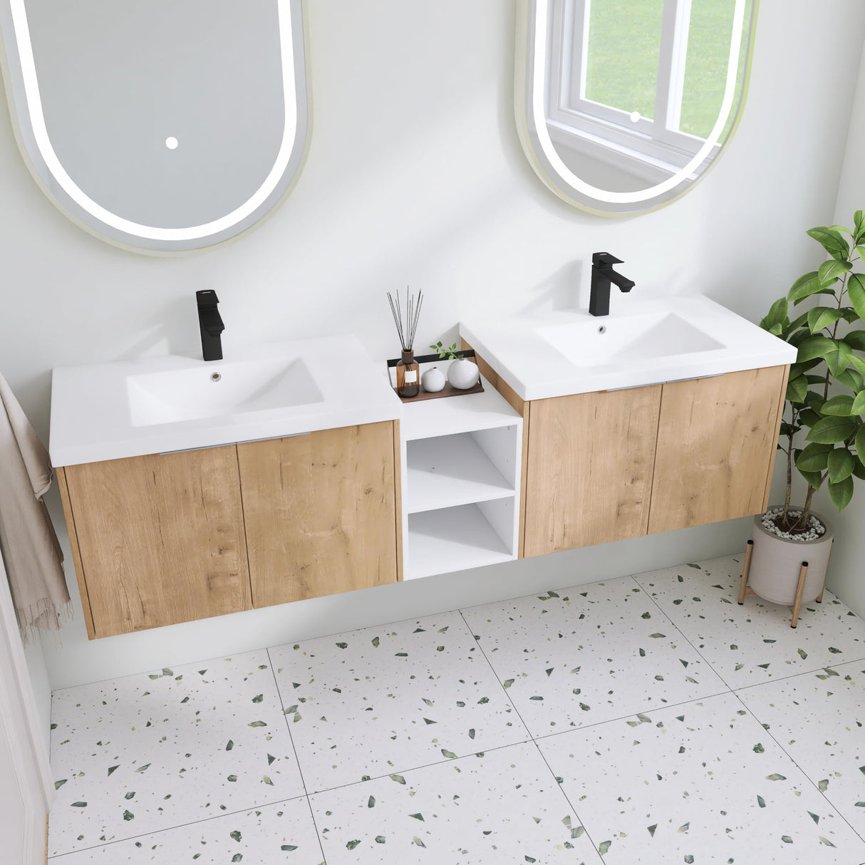 JENTORIA 72" Bathroom Vanity with Sink, 72 Inch Floating Vanity, Double Sink Wall Mounted Vanity Combo, Modern Brown Bathroom Vanity Set with 4 Doors and White Basin Sink JENTORIA