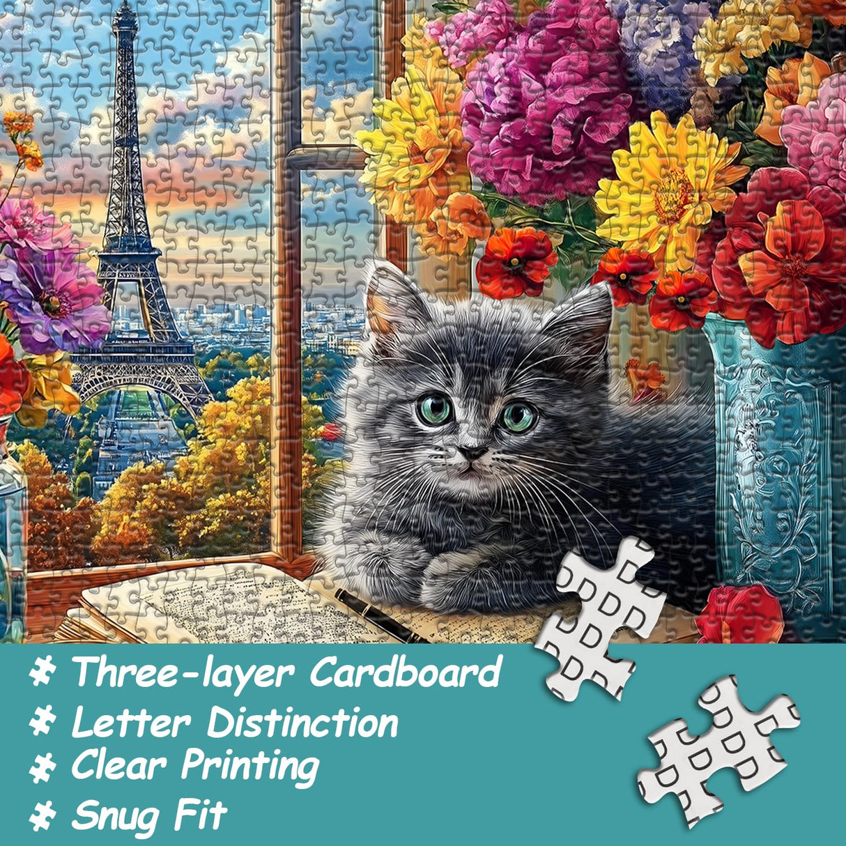 PICKFORU Cat Puzzles for Adults 1000 Pieces, Kitty Flower Book Puzzle,Eiffel Tower Kitten Jigsaw Puzzle Scenic, Animals Floral Jigsaw Puzzles for Adults PICKFORU