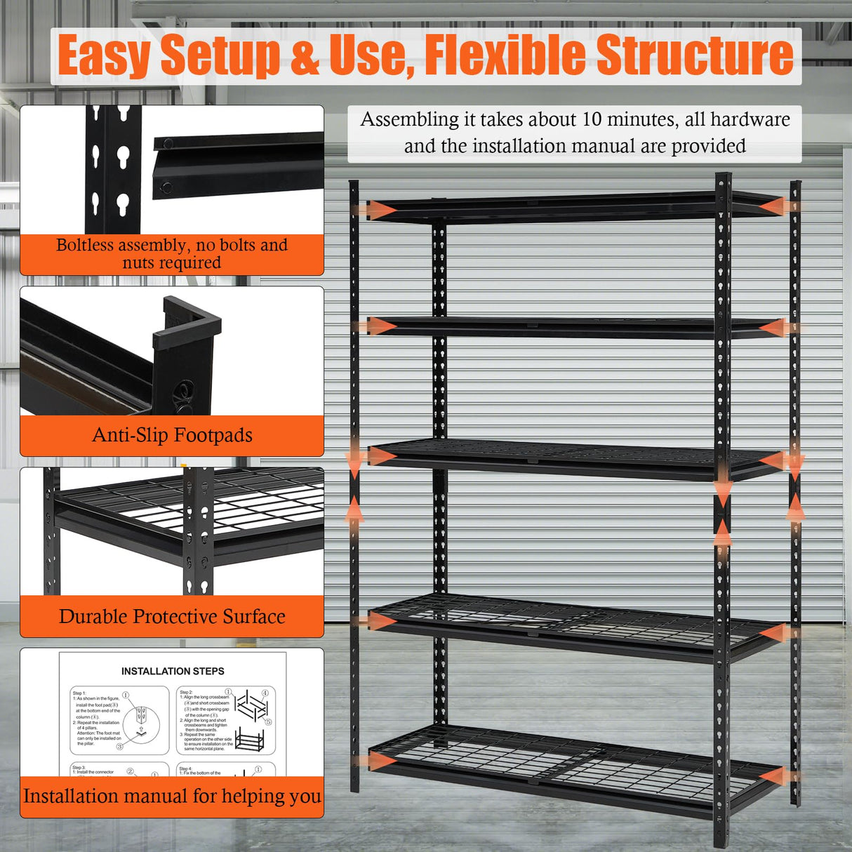 EcoExplorer Heavy Duty Garage Shelving Units,5-Tier Adjustable Storage Shelves,48x24 x72in,Loads 2500 LBS,Adjustable Garage Storage Shelving, Metal Storage Utility Rack Shelf Unit EcoExplorer