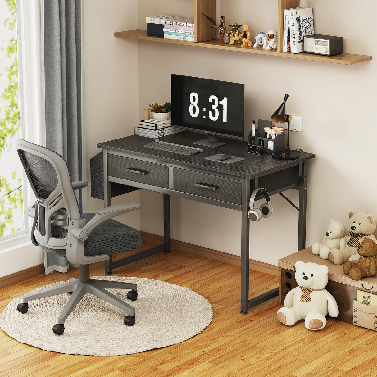 DLisiting Small Desk with Fabric Drawers for Bedroom, 32 Inch Small Gaming Desk with 2 Drawers for Small Space, Study Writing Table PC Desks, Black DLisiting