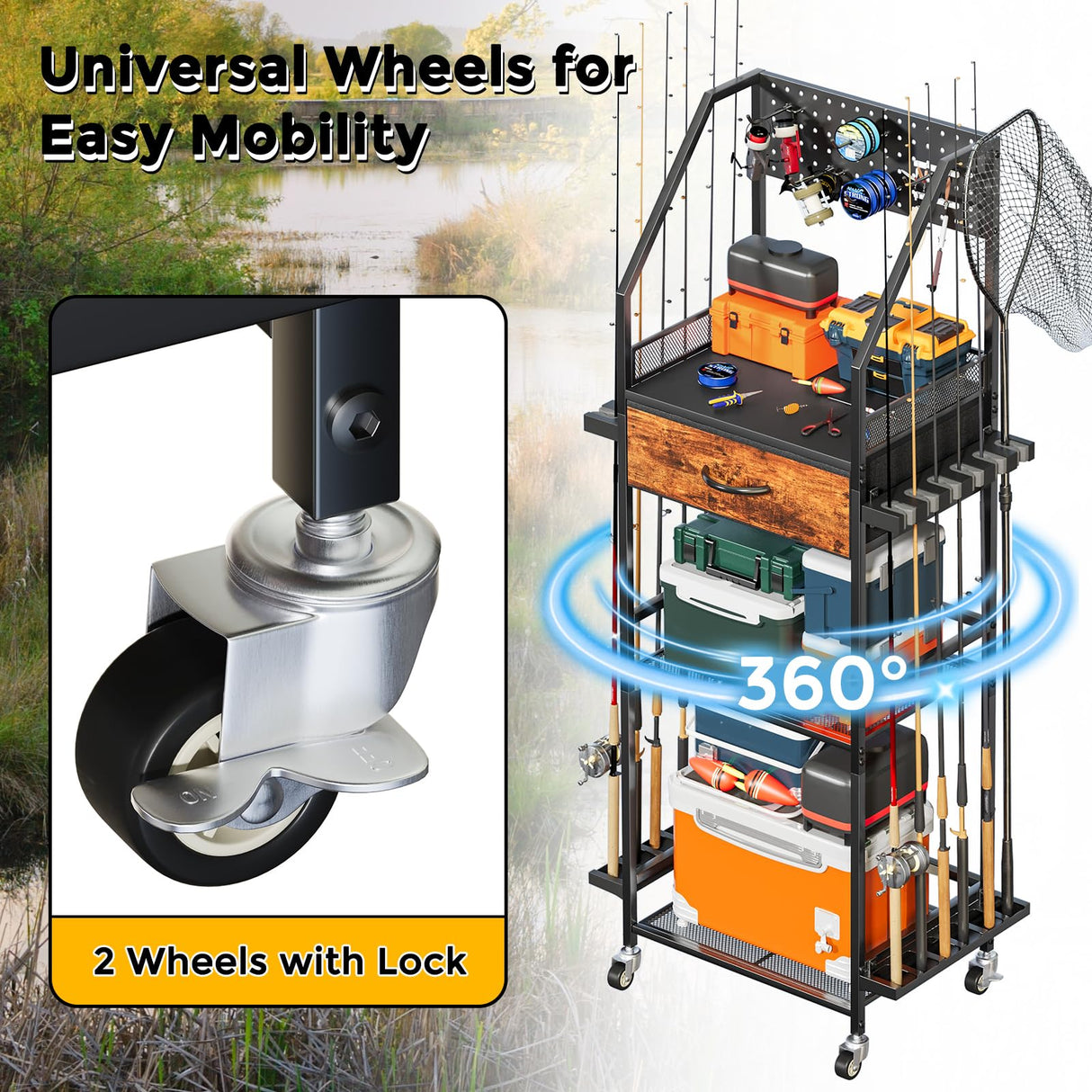 JIRTEMOT Fishing Rod Holder Organizer with Fabric Drawer & Pegboard, Space-Saving Garage Storage for 12 Rods, Reels, Tackle Boxes, Portable Fishing Gear Cart for Easy Access & Mobility JIRTEMOT