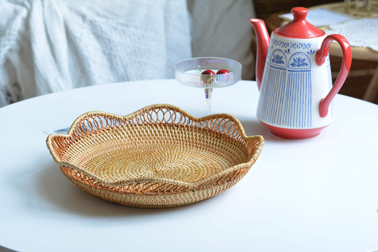 Rattan Fruit Basket for Serving Woven Bread Tray for Cake Kitchen Counter Table Natural (11.8inch D x 3.5inch H) DOKOT