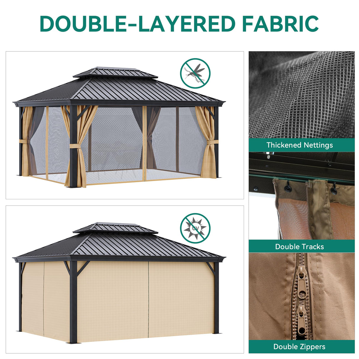 DWVO 12x16ft Hardtop Gazebo Double Roof with Nettings and Curtains, Heavy Duty Galvanized Steel Outdoor Vertical Stripes Roof for Patio, Backyard, Deck, Lawns, Brown DWVO