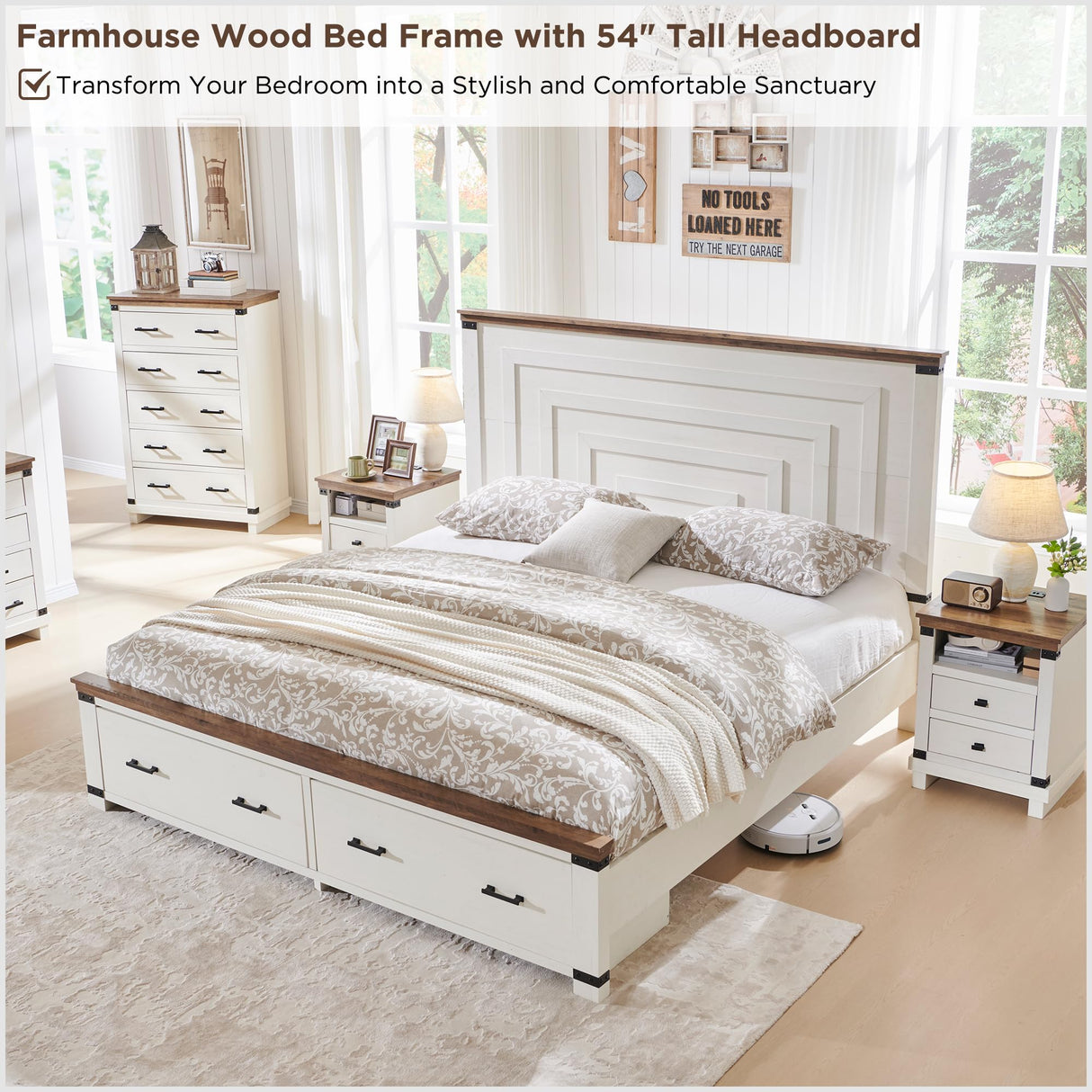 RedLemon Antique White Farmhouse Queen Bed Frame with 54" Geometric Headboard and Storage Drawers RedLemon