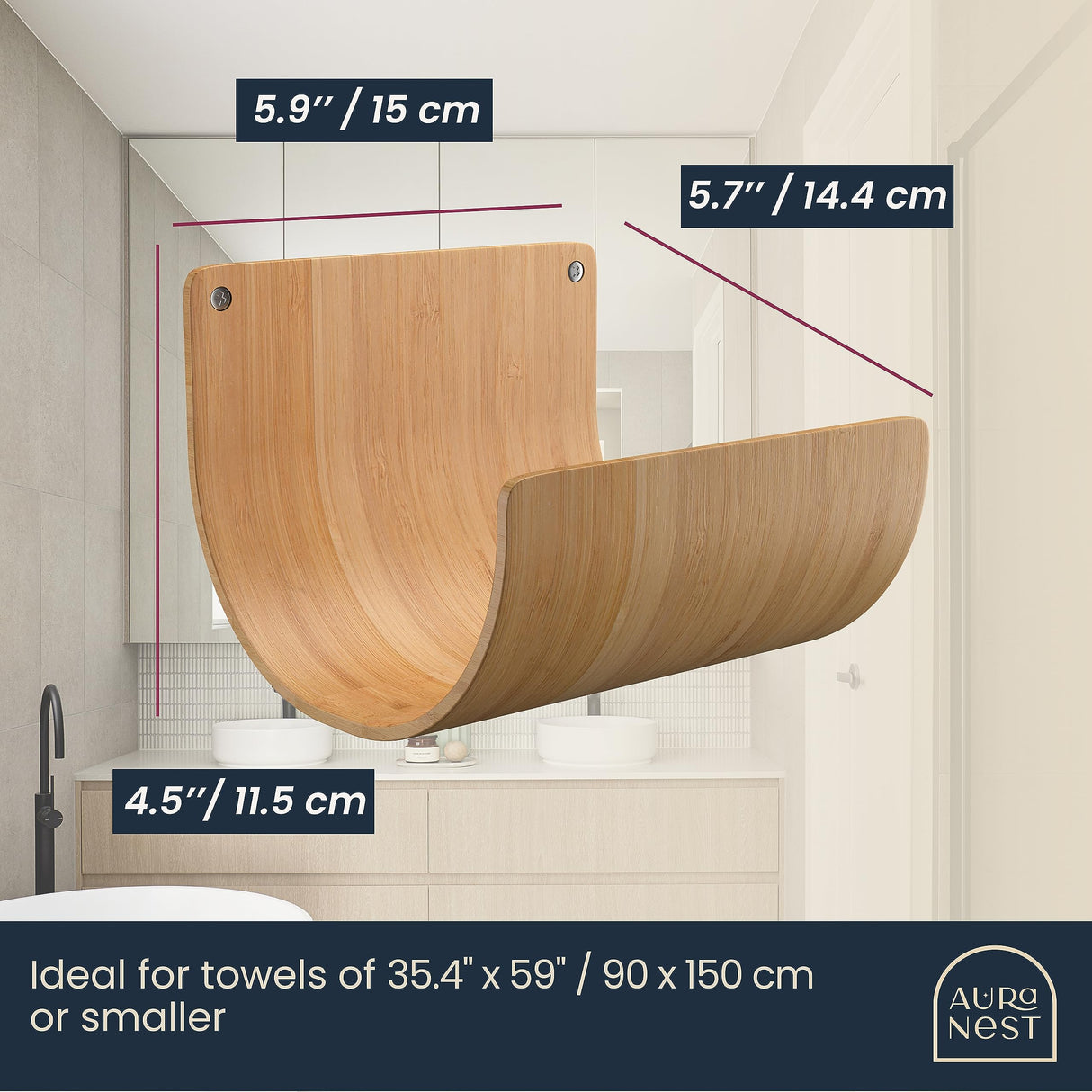 AURA NEST Set of 4 Towel Holder for Bathroom Wall, Modern Bamboo Wall Towel Rack for Rolled Towels, Sturdy Space-Saving Hanging Wood Towel Rack, Effective and Versatile for Spa, Guest Bath, Blanket AURA NEST