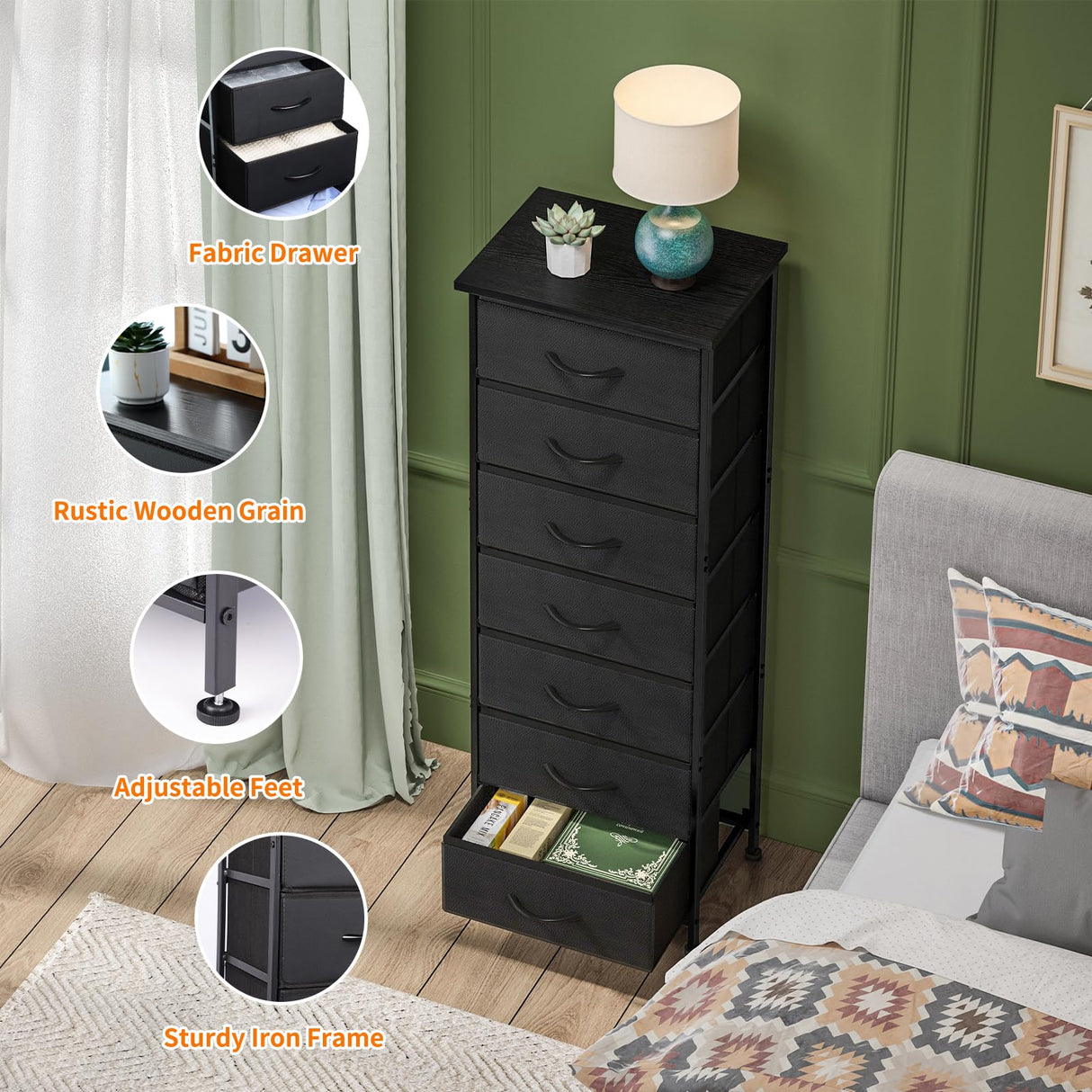 Fixwal Black Tall Dresser for Bedroom, Storage Dresser Organizer with 7 Fabric Drawers, Nightstand Furniture in Closet, Entryway, Hallway Fixwal