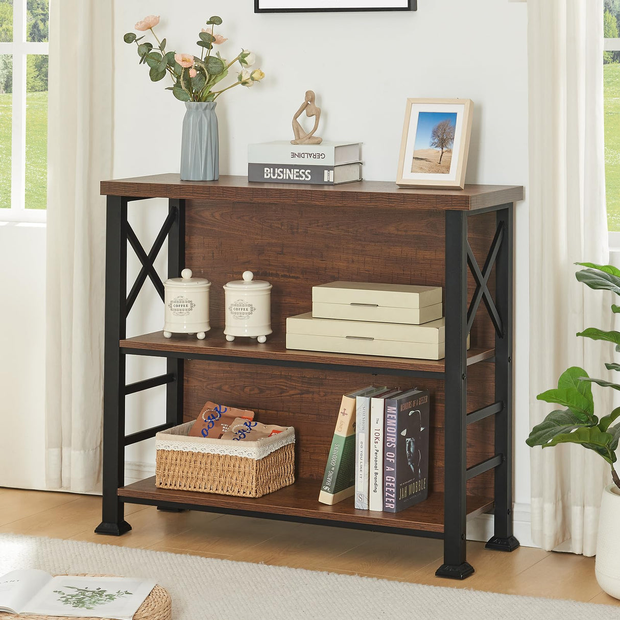 HOMBAZAAR Book Shelf,3 Tier Small Bookshelf with Metal Frame and Backboard,Rustic Brown Deep Bookcase with Engineered Wood Shelves,Short Shelf Bookcase for Living Room,Bedroom and Office HOMBAZAAR