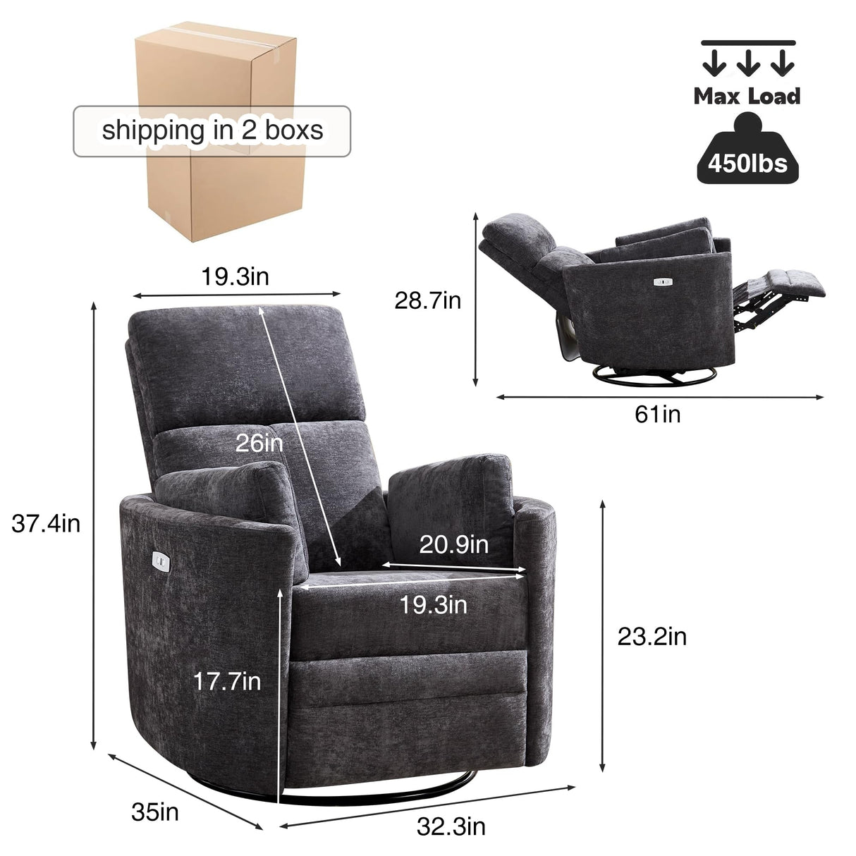 Recliner Swivel Glider Electric Rocking Chair with USB Port,Upholstered High Back Nursery Rocking Chair,Adult Power Recliner Chair with 2 Pillows for Living Room Bedroom(DRAK Grey, Power-Driven) choairy