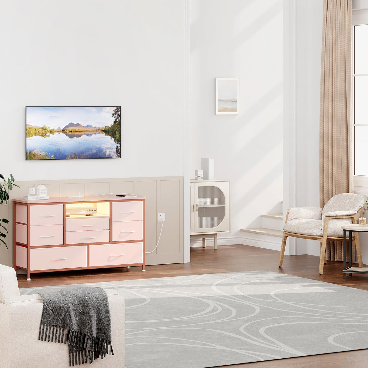 Dresser TV Stand with Power Outlet & LED Lights for 55'' TV,8 Drawers Entertainment Center, Fabric Chest of Drawers with Wood Top, TV Stands for Bedroom, Living Room, Pink SunnyFurn