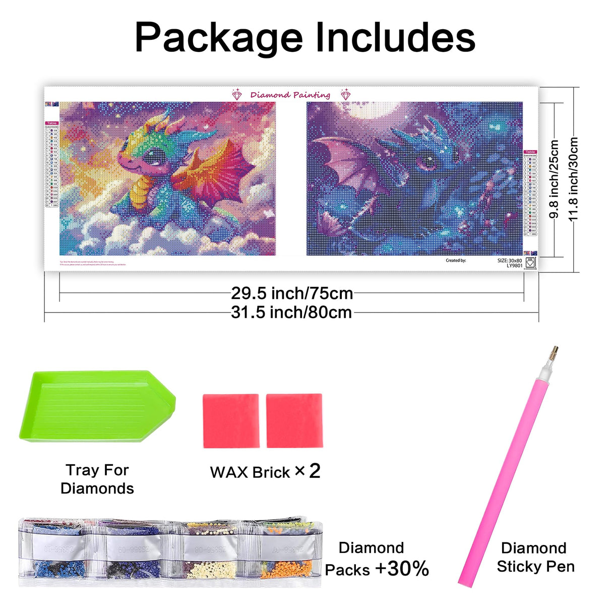 VAIIEYO 5D DIY 1 Pack Diamond Art Kits for Adults Dragon, Diamond Painting Animal, Diamond Painting Kit Full Drill Round Rhinestone Craft Canvas for Home Wall Decor Gift 12x31 inch/30x80 cm VAIIEYO