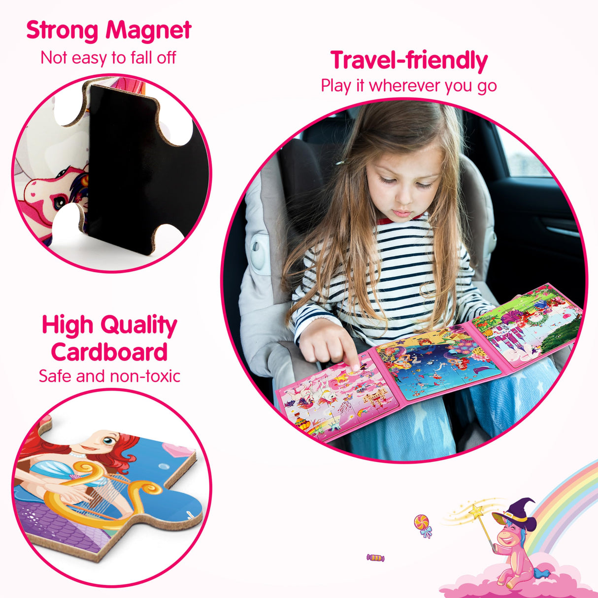 SYNARRY Unicorn Mermaid Princess Magnetic Puzzles for Toddlers 3-5 Girls, 20 Pieces Travel Puzzles for Kids Ages 4-6, Car Airplane Road Trip Activities Toys for 3 4 5 6 Year Old Girls Birthday Gifts SYNARRY