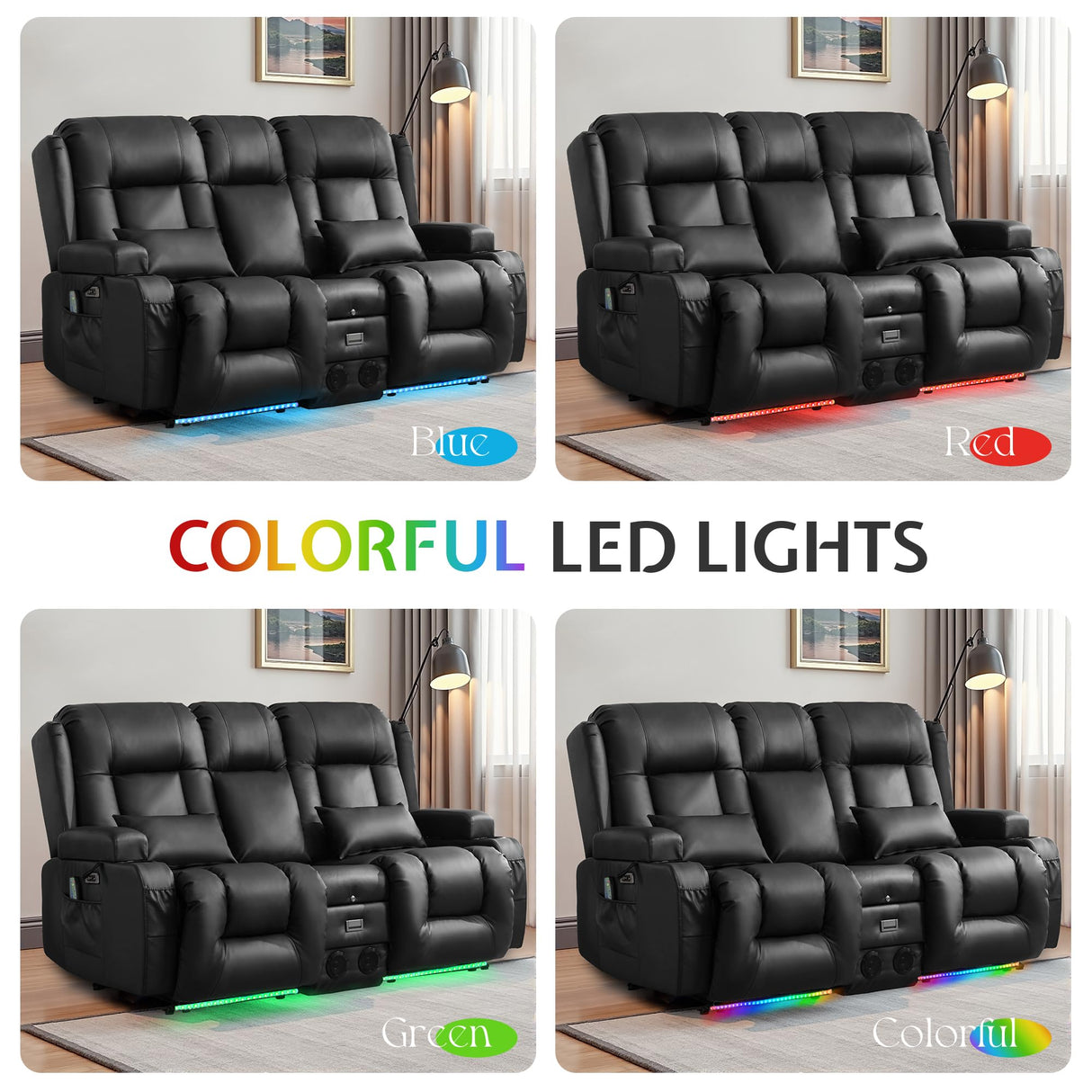 Houjud Power Loveseat Recliner Sofa with Console, RV Flip Middle Backrest Design 3 Seat Reclining Sofa Couch with Vibrating Massage and Heat, LED Light, USB, Bluetooth Speakers, Outlets, Black Houjud